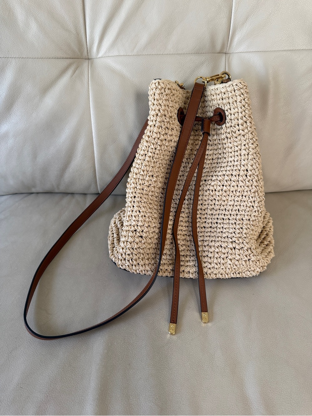 Lauren Ralph Lauren Debby Crochet Straw Drawstring Bucket Bag Tan Leather Trim